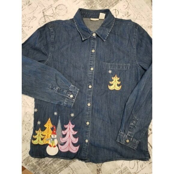 FIELDGEAR Womens Blue Denim Button Up Shirt Winter Christmas Theme Appliqués SzM - Picture 1 of 8